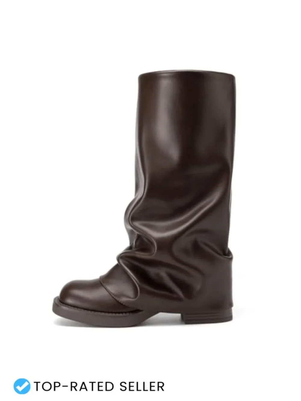 Faux Leather Slouchy Fold Over Mid Calf Boots Square Toe Pull On 2 Inch Heel